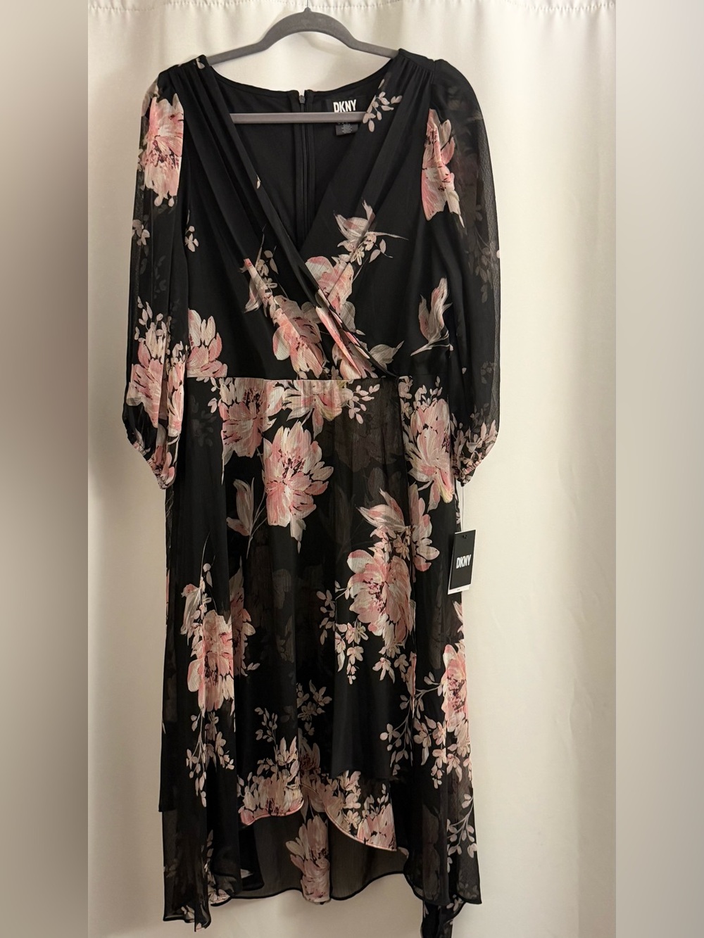 DKNY Black Midi Dress with Pink Floral Print
